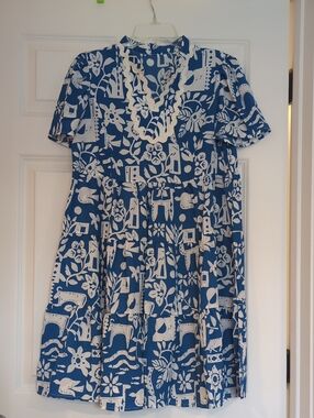 Blue and White Floral Tiered Midi Dress with Scalloped V-Neck